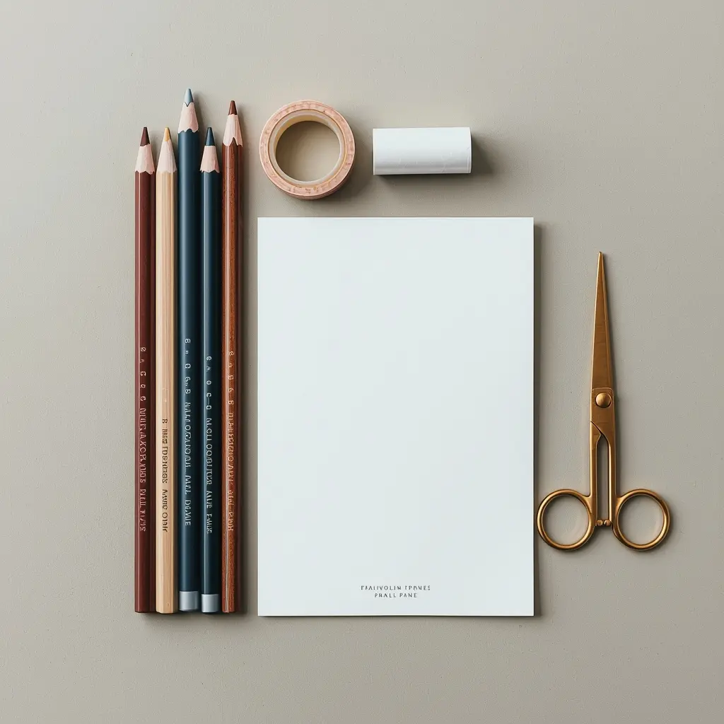 Premium stationery collection featuring watercolor pencils, brass scissors, and washi tape
