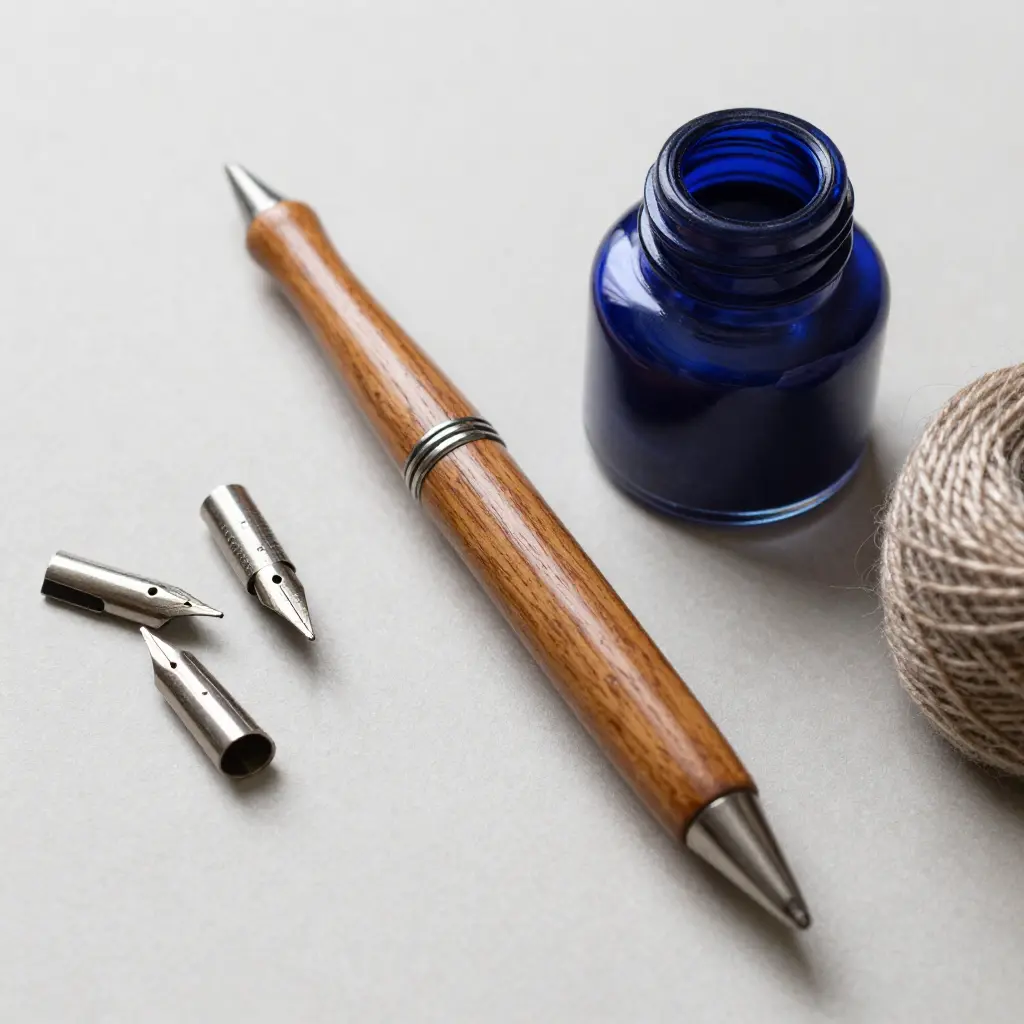 Artisan craft tools including wooden dip pen and deep blue ink bottle